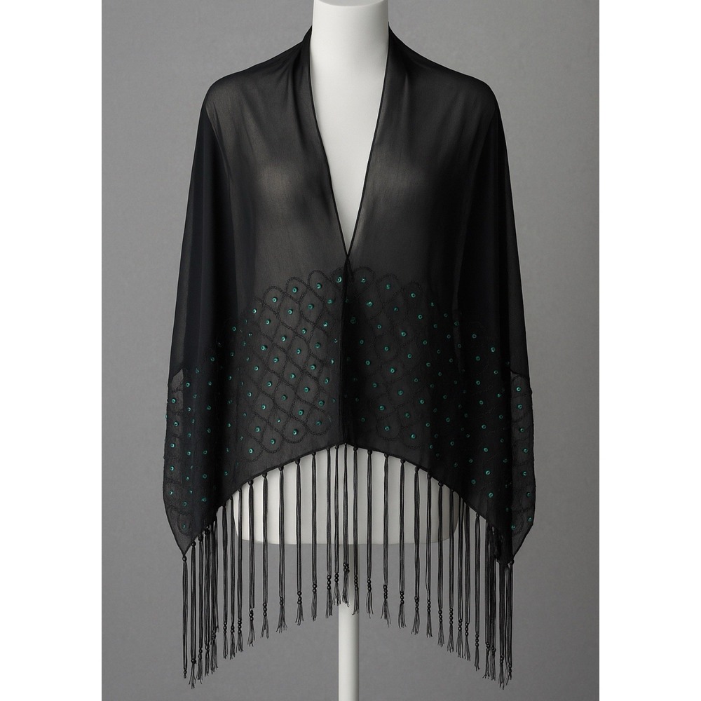 VTG Y2K Black Sheer Beaded Fringe Wrap Shawl Scarf‎ 65"x20" Evening Gothic Boho
